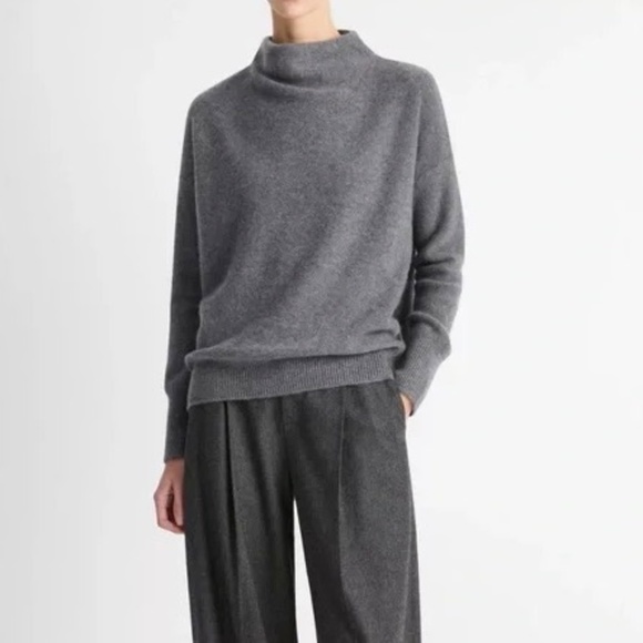 VINCE Dark Gray Brushed Cashmere Funnel Neck Sweater - XS - Picture 2 of 11